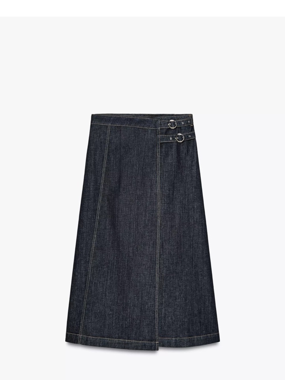 Zara Dark Denim Midi Skirt with Buckle Details
